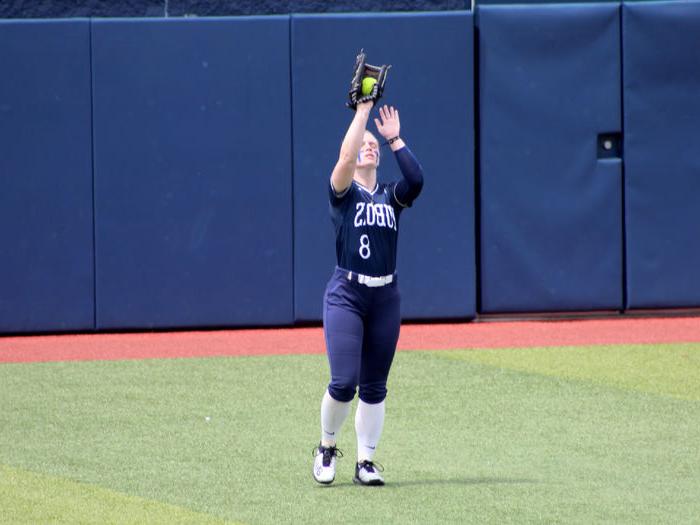 Penn State DuBois freshman Kamryn Mactavish makes a catch in the outfield during the game against Lyon during the USCAA Small College World Series.