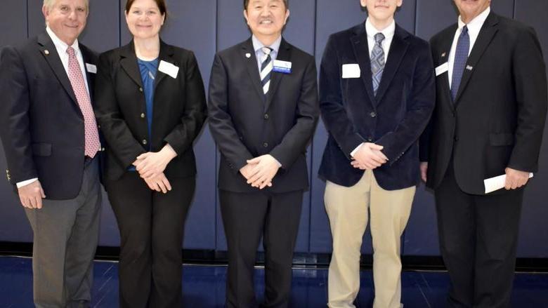 Speakers from the scholarship Luncheon at Penn State 杜波依斯. From left to right, Dave Spigelmyer, Hunter Raffeinner, Jungwoo Ryoo, Andrea Lecuyer and Dan Kohlhepp.